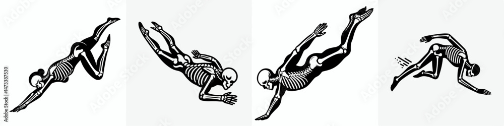 Fototapeta premium Skeleton as Swimmer Diving. Skeletal sport clipart silhouette vector illustration. Bony form doing aquatic plunge figure in deep water immersion.