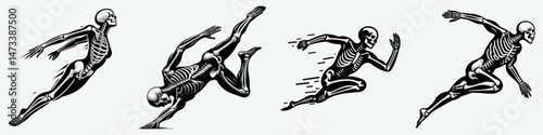 Skeleton as Swimmer Doing Freestyle. Skeletal sport clipart silhouette vector illustration. figure aquatic free stroke motion undead athlete crawl exercise.