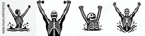Skeleton as Swimmer Celebrating. Skeletal sport clipart silhouette vector illustration. Bony figure in aquatic motion festive cheer delighting underwater bone structure.