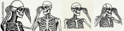Skeleton as Swimmer Adjusting Goggles. Skeletal sport clipart silhouette vector illustration. Bony aquatic athlete tweaking eyewear a form at watery play.