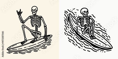 Skeleton as Surfer Waxing Board. Skeletal sport clipart silhouette vector illustration. Bony figure readies surfboard with grooming compound for ocean riding.