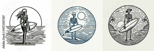 Skeleton as Surfer Standing on Beach. Skeletal sport clipart silhouette vector illustration. Bony figure board at shoreline coastal holiday vibe image resource.