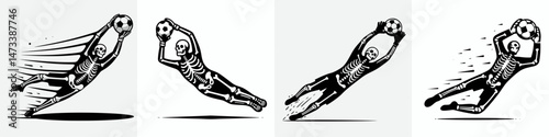Skeleton as Soccer Goalkeeper Diving Save. Skeletal sport clipart silhouette vector illustration. Bony goalie making heroic leap athletic capture. bones warding goal.