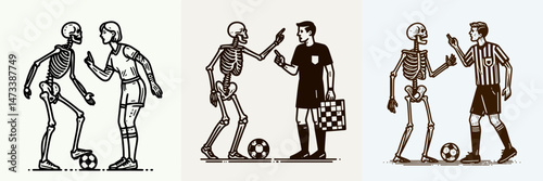 Skeleton as Soccer Player Arguing with Referee. Skeletal sport clipart silhouette vector illustration. Bony athlete has dispute judge during gridiron football match.