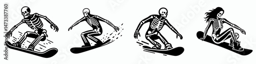 Skeleton as Snowboarder Sliding. Skeletal sport clipart silhouette vector illustration. figure on board gliding downhill winter recreation frosty concept.