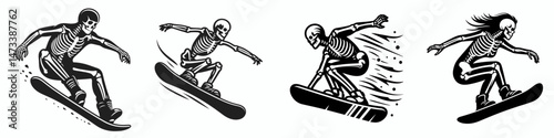 Skeleton as Snowboarder Jumping. Skeletal sport clipart silhouette vector illustration. Bony figure acrobatics winter action downhill leap on board festive theme.