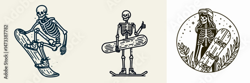 Skeleton as Snowboarder Holding Board Upright. Skeletal sport clipart silhouette vector illustration. Bony rider on winter gear upright stance display plank arctic theme.