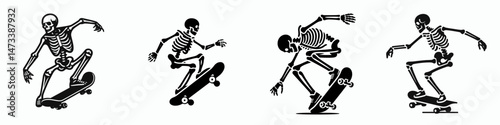 Skeleton as Skateboarder Balancing. Skeletal sport clipart silhouette vector illustration. Bony figure skateboarding an agile performer maintaining equilibrium trick riding.