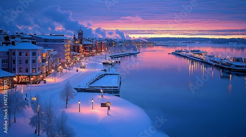 Winter wonderland cityscape at dawn