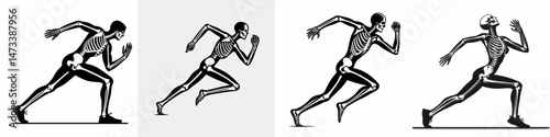Skeleton as Runner Stretching. Skeletal sport clipart silhouette vector illustration. Bony athlete limbering figure workout flexibility exercise motion prep.