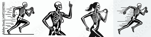 Skeleton as Runner Holding Medal. Skeletal sport clipart silhouette vector illustration. Bony figure sprints grasping award victory symbol macabre champion bone structure.