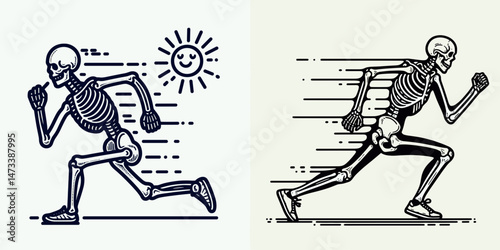 Skeleton as Runner Cooling Down. Skeletal sport clipart silhouette vector illustration. athlete resting physical exertion recovery anatomical fitness concept.