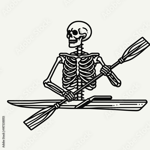 Skeleton as Rowing Team Holding Oars. Skeletal sport clipart silhouette vector illustration. crew in a scull paddle an athletic bony boat race concept.