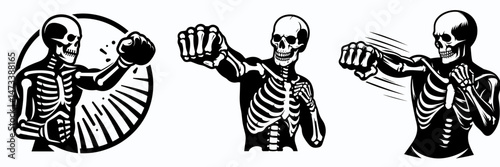 Skeleton as Martial Artist Punching. Skeletal sport clipart silhouette vector illustration. Bony figure practicing combat blow fighter delivering knockout jab.