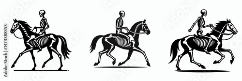 Skeleton as Horse Rider Holding Reins. Skeletal sport clipart silhouette vector illustration. Bony equestrian guiding mount with control rope undead steedman directing.