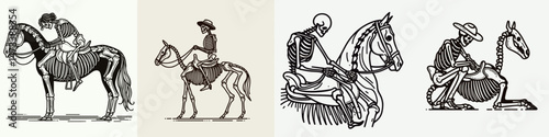 Skeleton as Horse Rider Fixing Saddle. Skeletal sport clipart silhouette vector illustration. Bony equestrian tuning tack spectral knight mounting equine adjusting gear.
