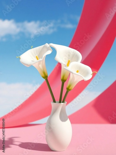 Artistic Composition Featuring Calla Lilies and a Striking Pink Ribbon