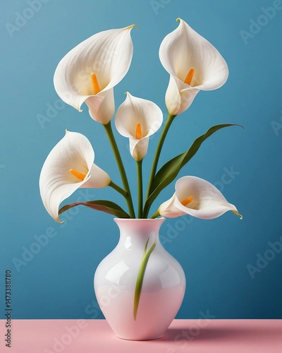Elegant Arrangement of Calla Lilies in a White Vase with a Blue Background