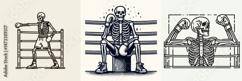 Skeleton as Boxer in Corner. Skeletal sport clipart silhouette vector illustration. Bony pugilist resting fighter ring angle combat imagery.