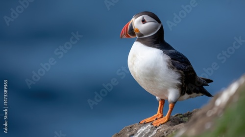 An Atlantic puffin stands majestically on a rocky cliffside, overlooking the blue ocean backdrop. photo