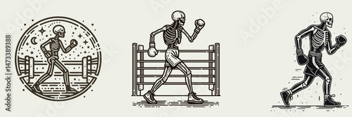 Skeleton as Boxer Entering Ring. Skeletal sport clipart silhouette vector illustration. Bony fighter approaches arena spectral pugilist begins bout combatant debuts.