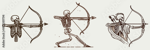 Skeleton as Archer Releasing Arrow. Skeletal sport clipart silhouette vector illustration. Bony bowman launching dart macabre archery concept for fantasy illustration.