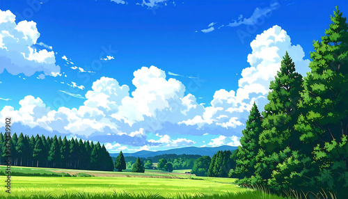 青空と雲と森の田舎の景色。アニメーション風のイラスト。Rural landscape with blue sky, clouds and forest. Animation style illustration.