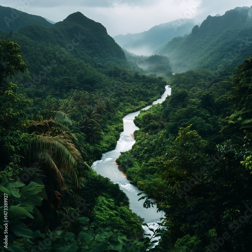 Misty Pacific Island Landscape: Serene River Vista with Lush Greenery, Forest, and Mountains