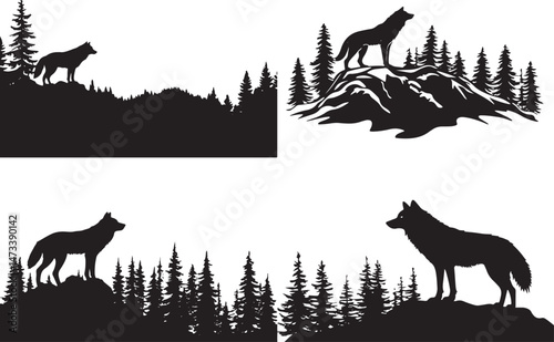 wolf howling at the moon, silhouette, tree, animal, vector, nature, deer, illustration, forest, wild, animals, art, landscape, black, night, sky, design, wildlife, sunset, grass, horse, wolf, hunting,