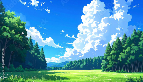 青空と雲と森の田舎の景色。アニメーション風のイラスト。Rural landscape with blue sky, clouds and forest. Animation style illustration.