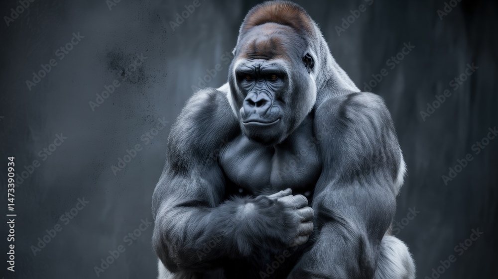 Portrait of a thoughtful, muscular gorilla against a dark backdrop in a photorealistic style. Portrait of a thoughtful, muscular gorilla against a dark backdrop in a photorealistic style.