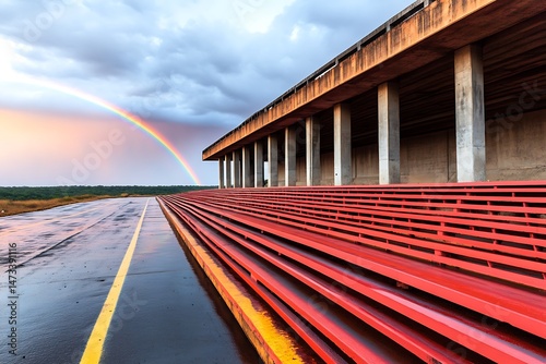 Red stadium bleachers under a dramatic sky with a vibrant rainbow after the rain A scenic view