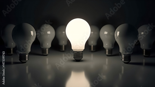 Single glowing light bulb standing out among unlit group in darkness
