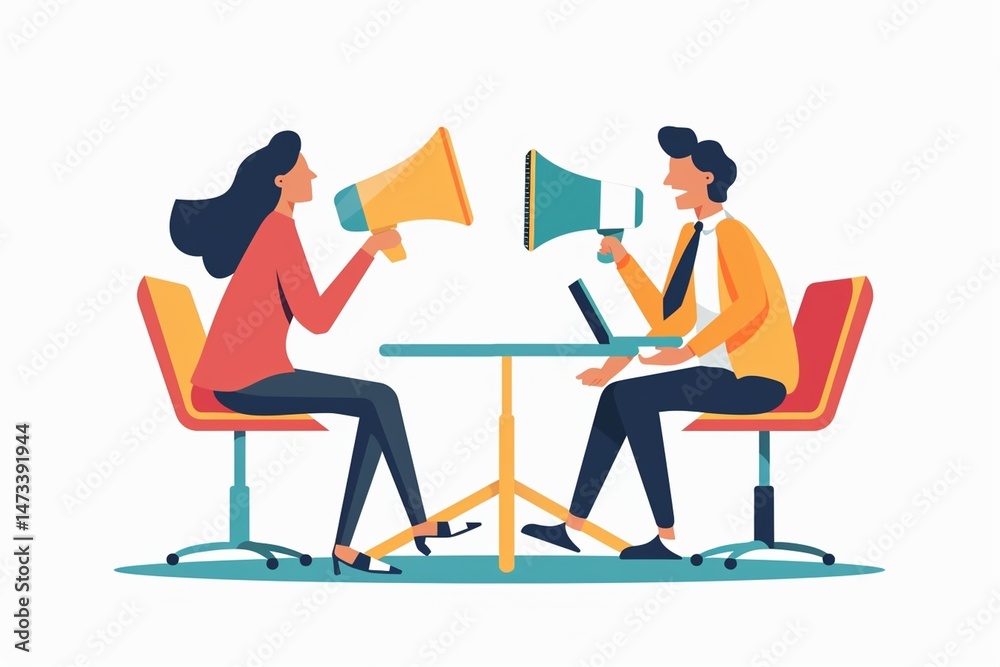 Fototapeta premium Vector man and woman working concept freelancers and remote workers coworkers with loudspeaker