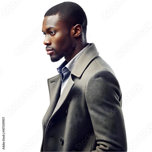 side view black man wearing stylish coat isolated on transparent background