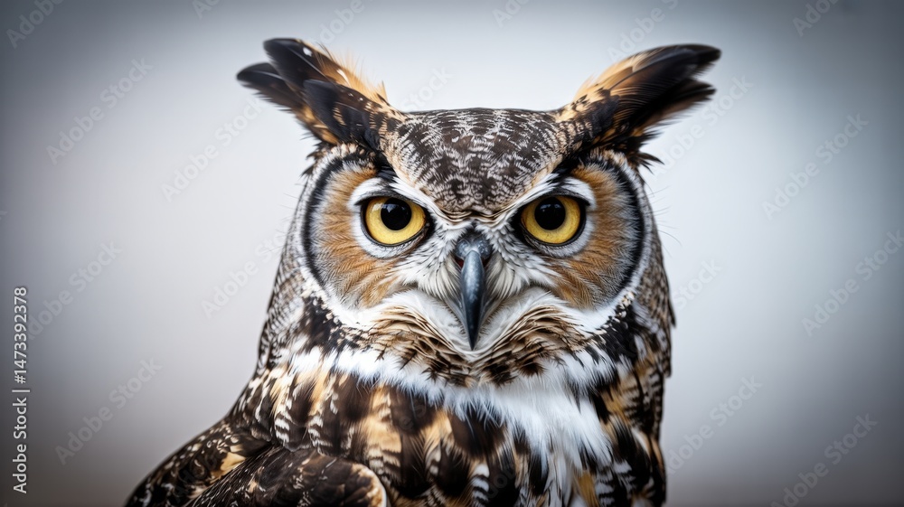 Obraz premium Intense gaze of a great horned owl staring directly at the camera with golden eyes focus.