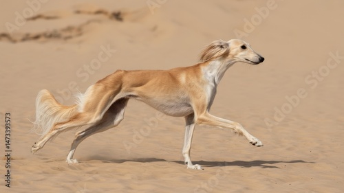 Elegant Saluki dog gracefully trots across expansive sand dunes, bathed in the warm desert sunlight.