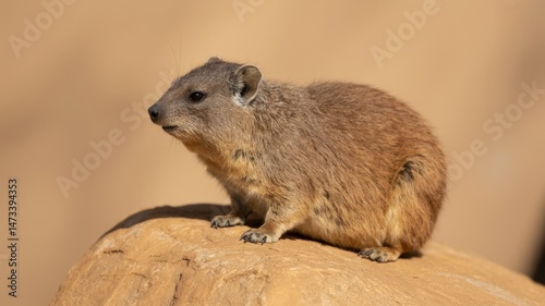 Rock hyrax perched atop a sandstone formation looks alert in warm, diffused lighting outdoors.