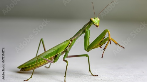 A detailed studio shot of an intriguing green praying mantis against a light, neutral backdrop.