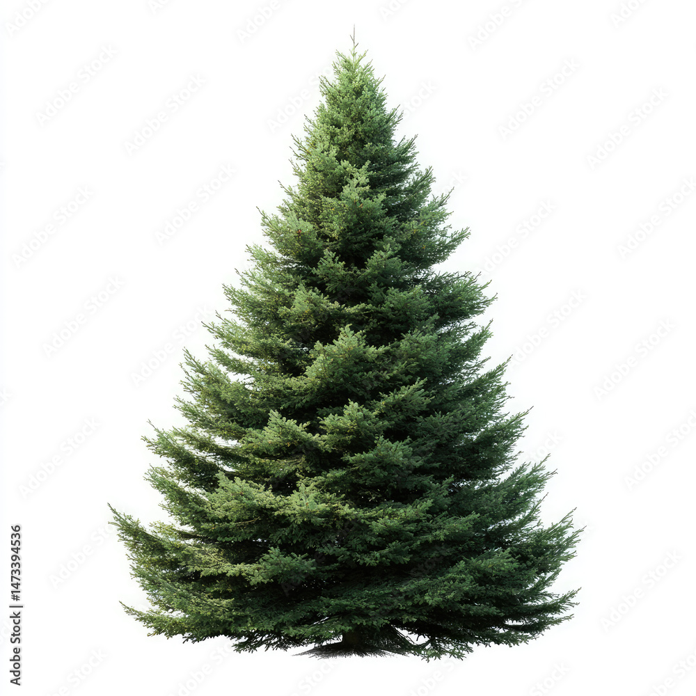 Fototapeta premium A tall, full evergreen tree with lush, green needles, perfectly symmetrical, isolated on a white background