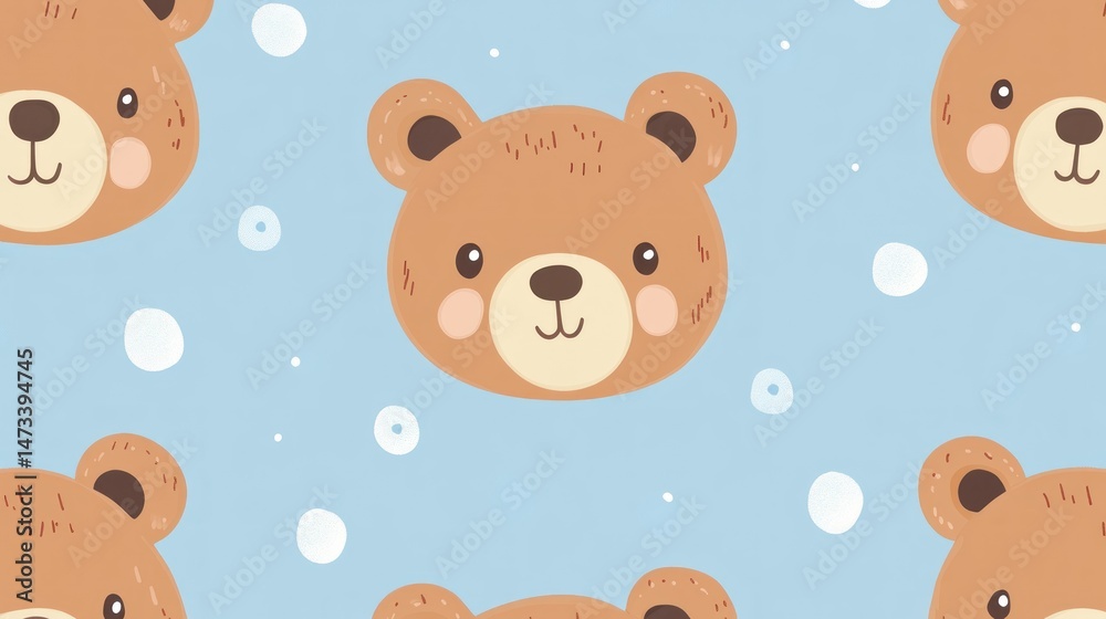 Fototapeta premium Cute bear heads pattern on light blue background with bubbles