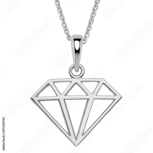 A silver diamond-shaped pendant on a delicate chain, showcasing intricate geometric designs.
