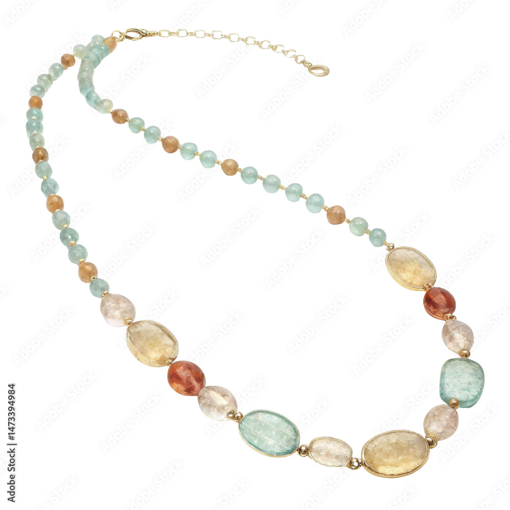 Obraz premium A colorful bead necklace featuring a variety of shapes and sizes in pastel shades, showcasing intricate designs and a delicate chain.