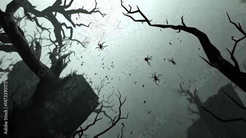 Spooky forest scene with spiders and cobwebs