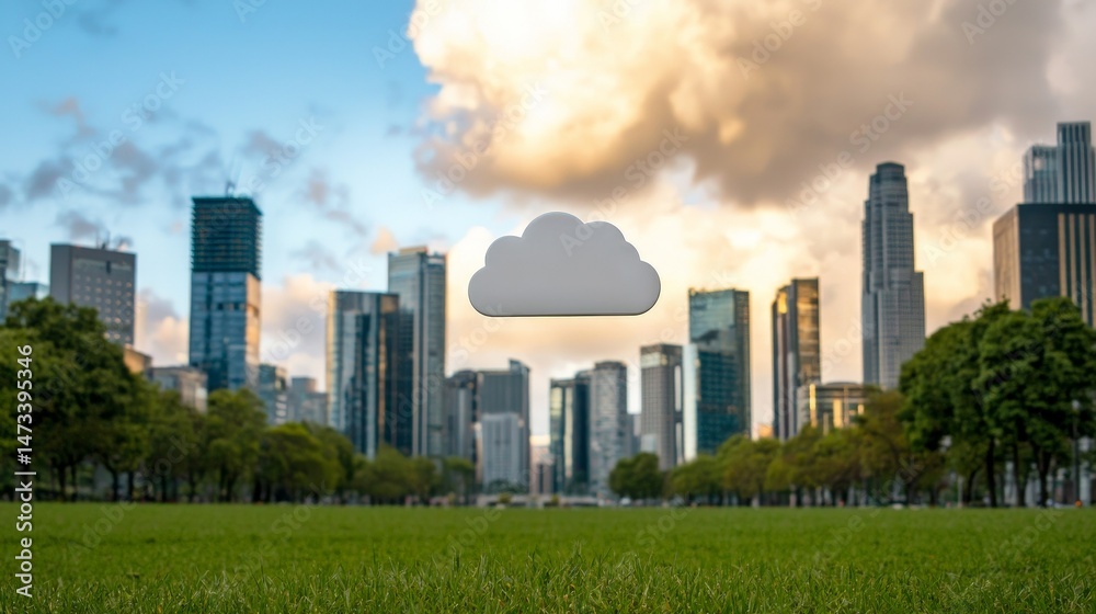 Real-Time Data Flow in the Digital Cloud Environment, Urban skyline with modern buildings and a grassy area under a cloudy sky.