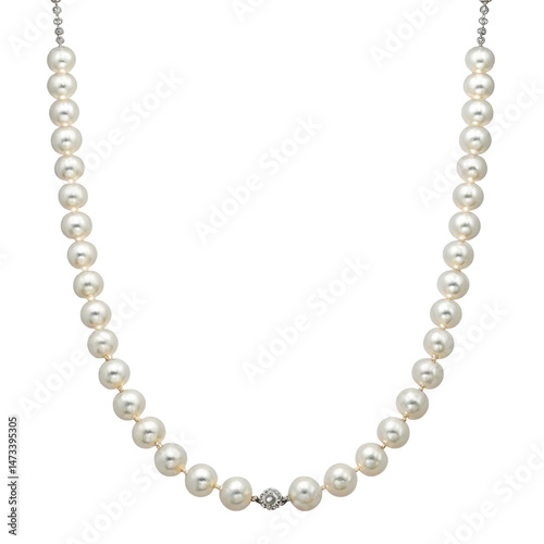 A classic pearl necklace featuring lustrous beads arranged in a symmetrical design.