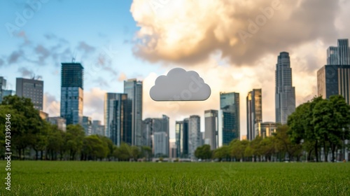 Obraz na płótnie Real-Time Data Flow in the Digital Cloud Environment, Urban skyline with modern buildings and a grassy area under a cloudy sky. w salonie
