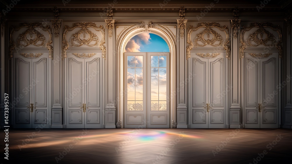 Obraz premium Elegant Room with French Doors Open to a Stunning Sunset View A Rainbow Light Beam Illuminates the Hardwood Floor