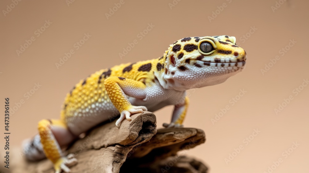Naklejka premium A yellow and brown spotted leopard gecko sits atop a weathered piece of driftwood looking ahead.