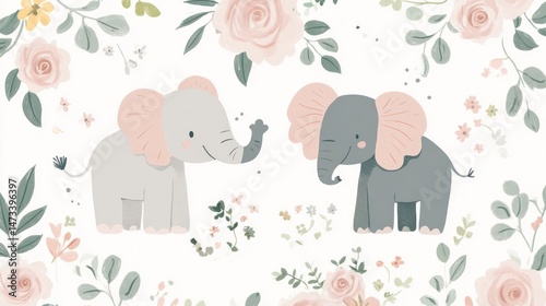 Cute elephants and flowers pattern